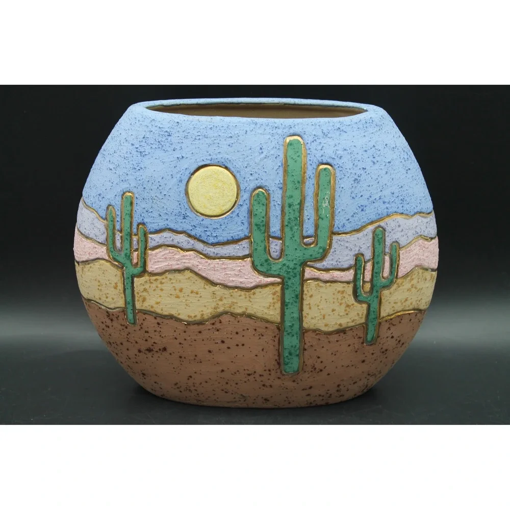Frank Garza Signed Southwest Pottery Planter Coyote Cactus Desert Vase 10